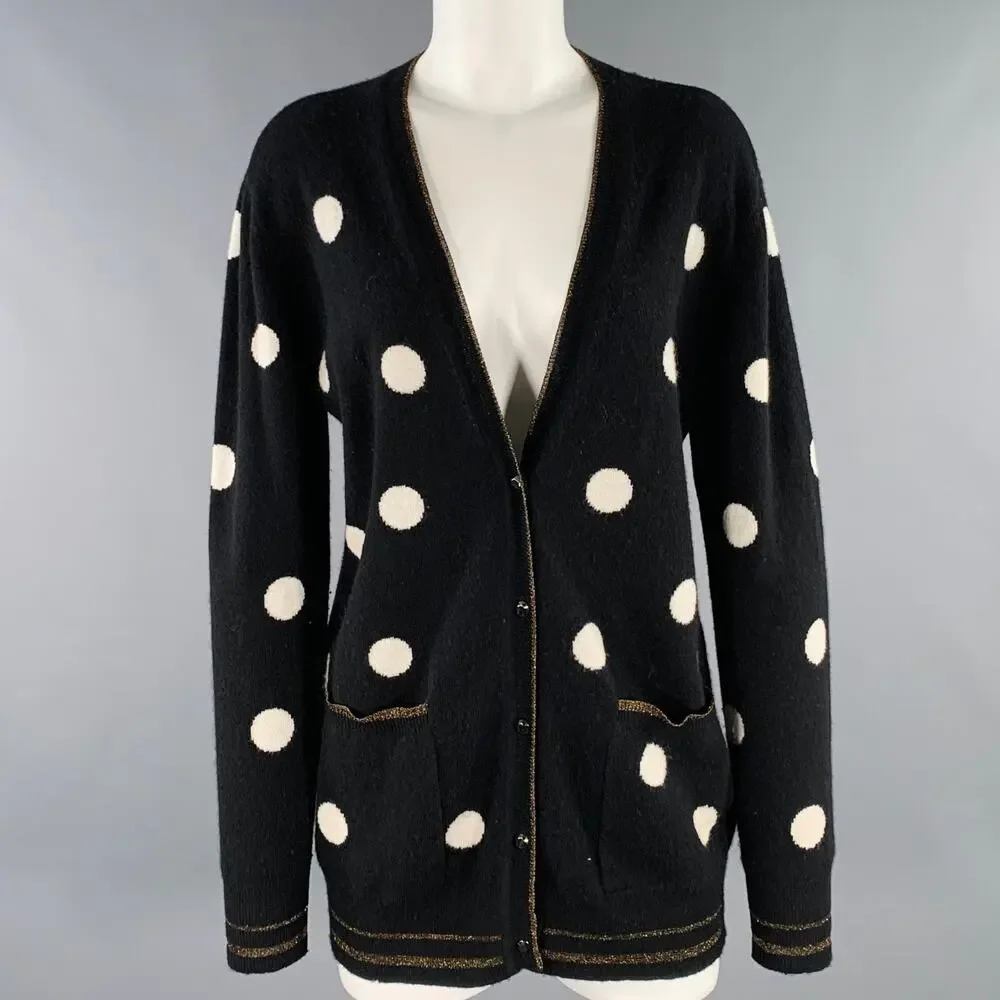 LE SUPERBE Size S Black White Wool Cashmere Polka Dot V-Neck Cardigan